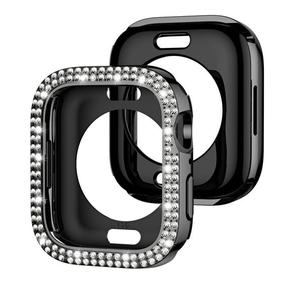 2 Pack Case for iWatch Series 10 42mm, Bling Sparkly Diamond Rhinestones Support Wireless Charging No Screen Protective Heavy Duty Protection for Apple Watch Series 10 42mm, Black+Balck