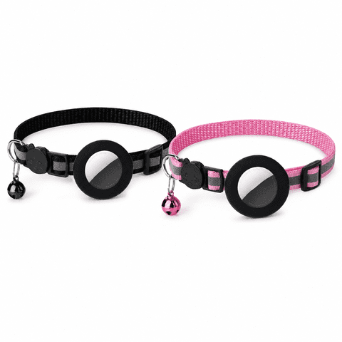 Cat Collar with Airtag Holder, Reflective Breakaway Collar with Bell, Adjustable for Indoor Outdoor Cats, Pink/Black, 2 pack