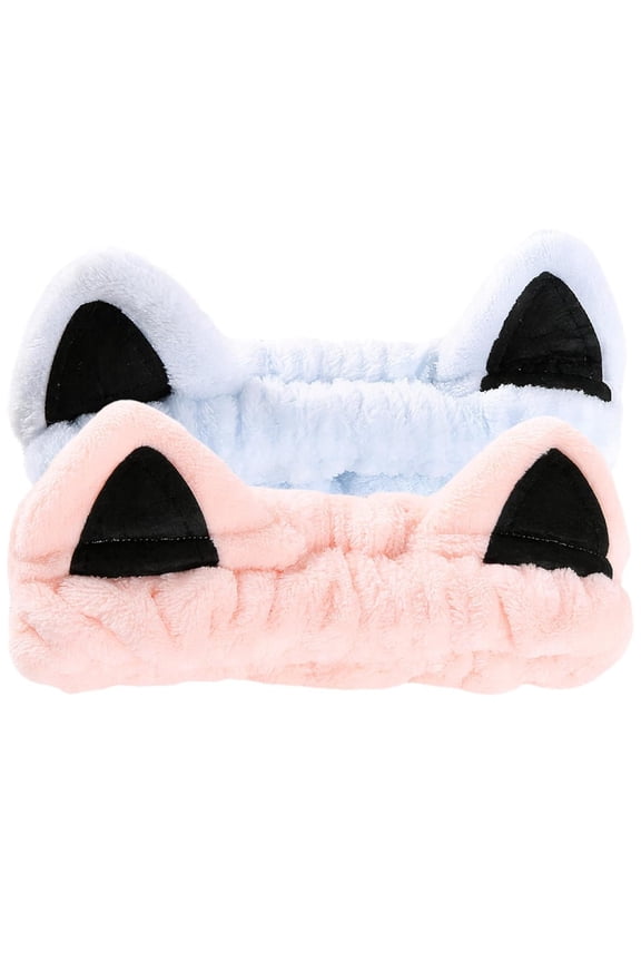 2 Pack Cat Ear Plush Hair Bands, Soft Stretchy Headbands for Washing Face, Makeup and Sports