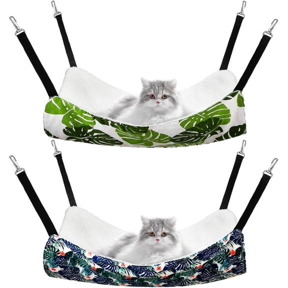 2 Pack Cat Hammock for Cage, Catio Accessories Reversible Soft Cats Bed with Adjustable Straps and Hooks Double-Sided Linen and Fleece Hanging Hammock for Cats, Kitten(Monstera Leaf,L)
