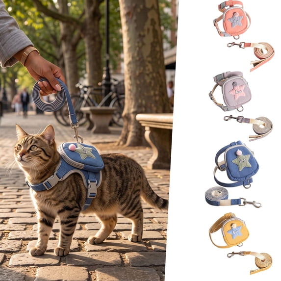 2 Pack, Cat Harness and Leash Set Escape Proof, Small Cat Harness Vest with Mini Storage Backpack, Adjustable Walking Accessory for Kitten Puppy Small Pets, Pink Star Design, 1