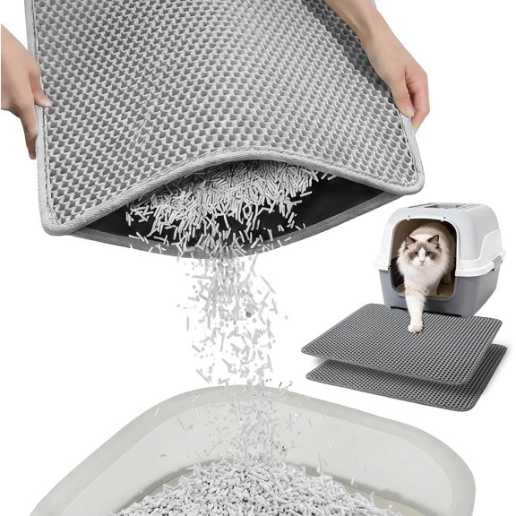 2 Pack Cat Litter Mat - 17.7'' x 23.6'', Litter Box Mat, Non-Slip Waterproof Litter Mat with Honeycomb Trapping Layer, Easy Clean Leakproof Litter Matt, Soft EVA Durable Anti-Scratch Kitty Litter Mat