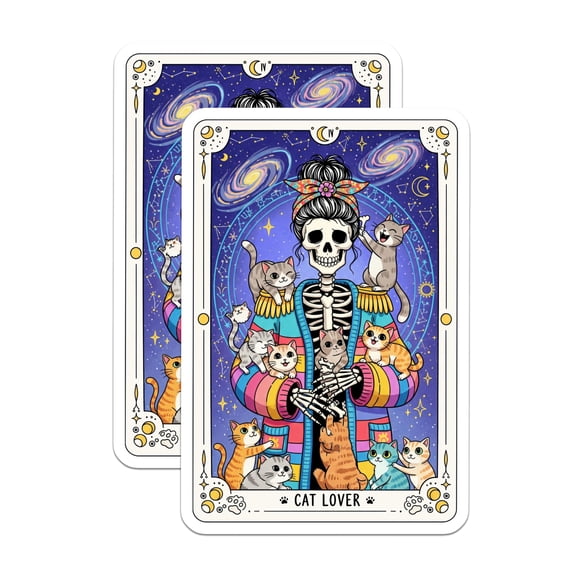 (2 Pack) Cat Lover Magnets - Skeleton Tarot Art - Cute Kitten Fridge Decor - 5" On Longest Side - Premium Magnet - for Cars, Refrigerators, Toolboxes, Lockers - Made in USA - MAG14238