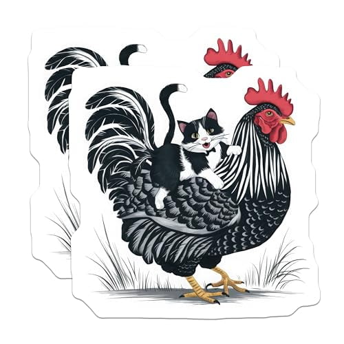 (2 Pack) Cat Riding Rooster Magnets - Chicken and Cat Art - Farm Animal Decor - Funny Pet Designs for Kitchen and Office - 5" On Longest Side - for Cars, Fridges, Toolboxes - Made in USA - MAG5828
