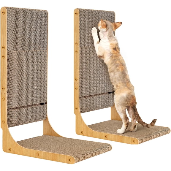 2-Pack Cat Scratcher, 25.6 Inch L-Shaped Cardboard Scratch Pad for Indoor Cats, Vertical Cat Scratching Board with Ball Toy, Furniture Protector, Reversible Design for Double Life, Large