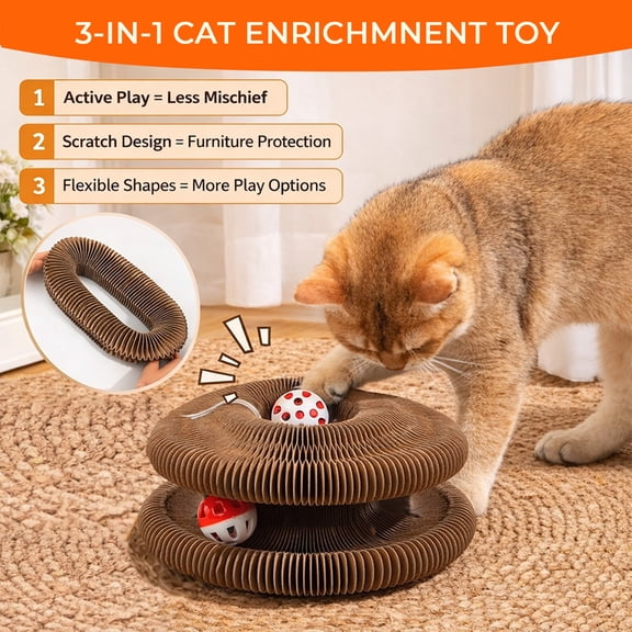 2 Pack Cat Toys Foldable Accordion Magic Organ Scratcher Board Ball Bell Track Interactive Features Multi Shape Deformable Design All Ages Indoor Play Furniture Protection Resting Bed For Cats