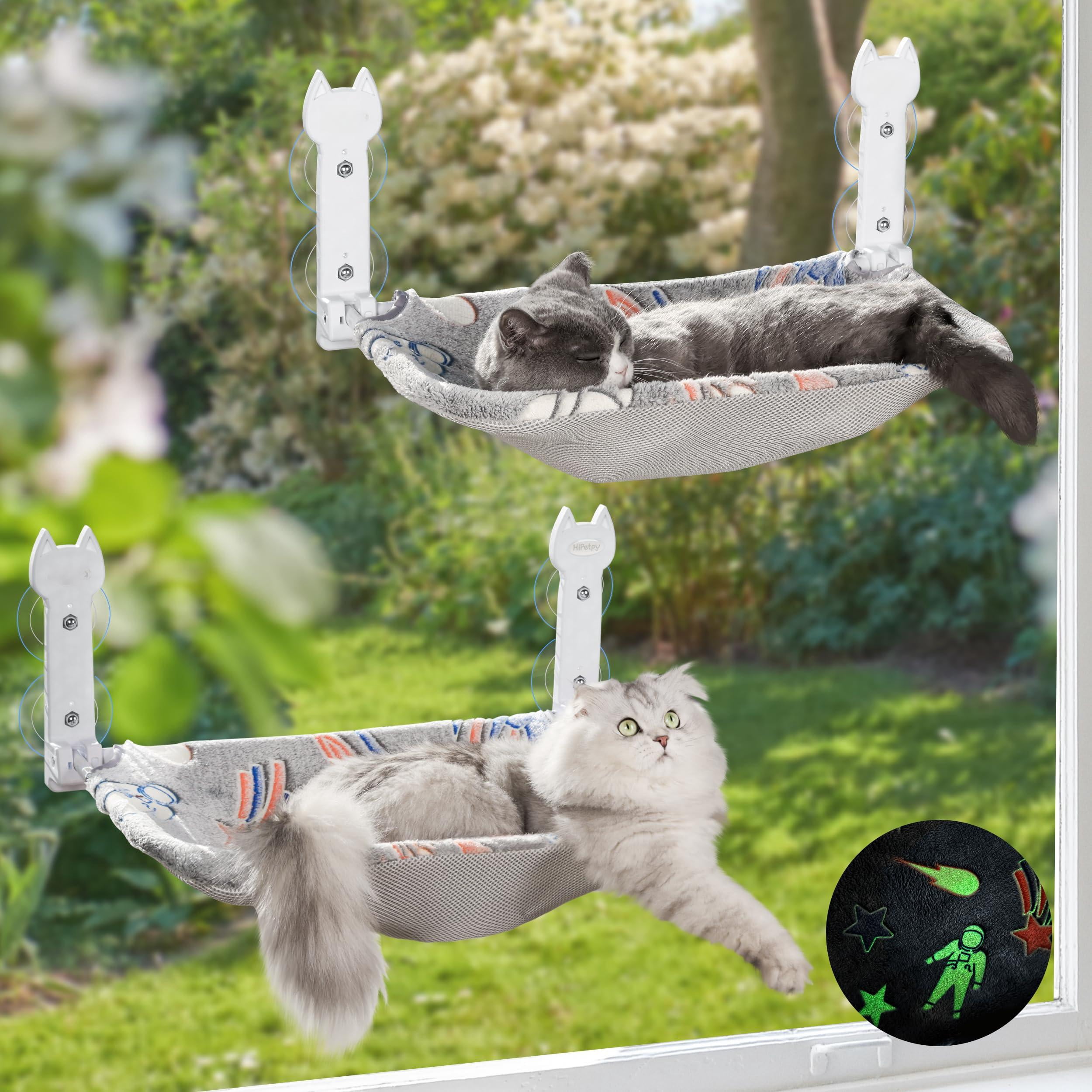 2 Pack Cat Window Perch  Glow In The Dark Foldable Hammock With Sunken Design & Removable Soft Cover Breathable Cordless Bed For Resting Indoor Kitten (shallow 2 - L)