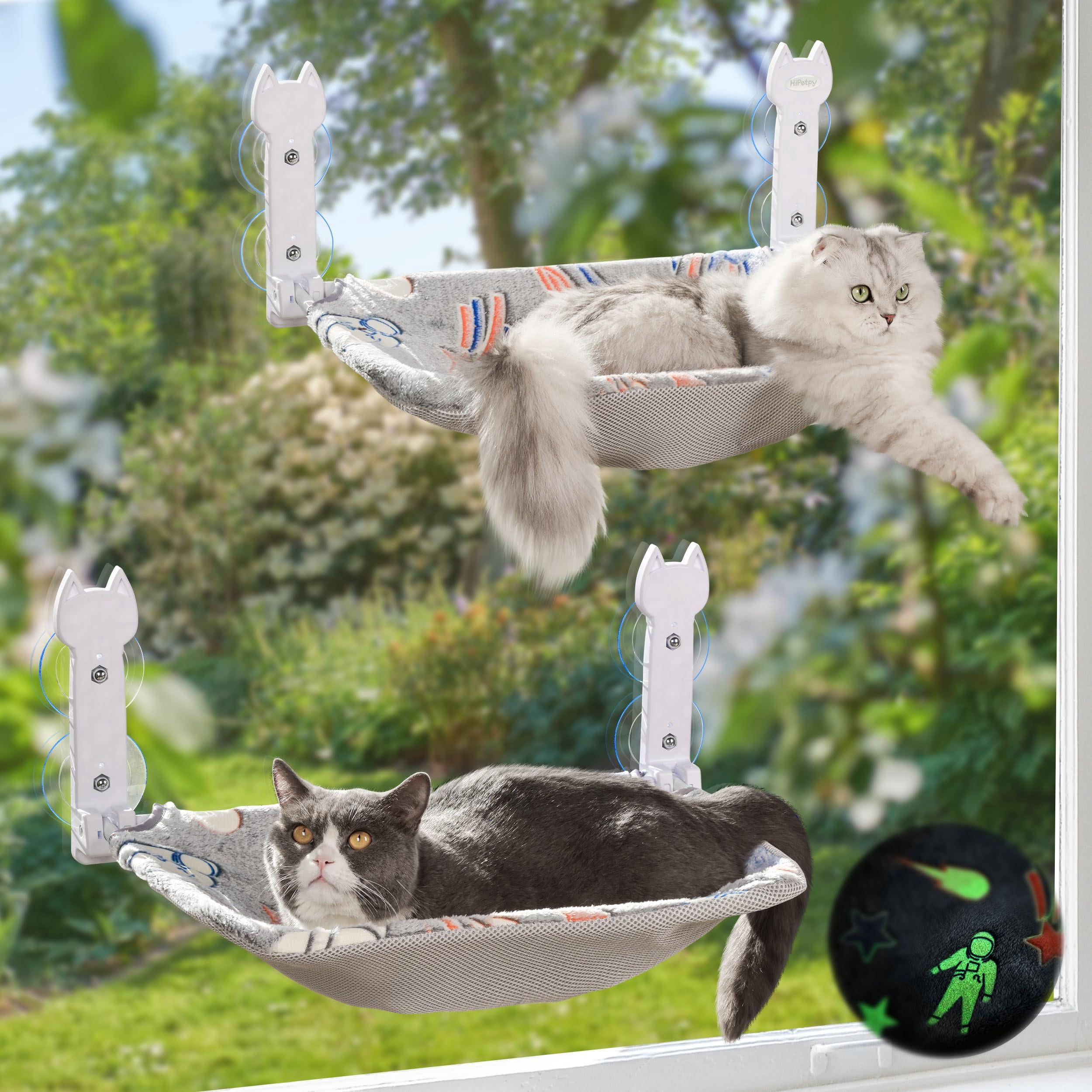 2 Pack Cat Window Perch  Glow In The Dark Foldable Hammock With Sunken Design & Removable Soft Cover Breathable Cordless Bed For Resting Indoor Kitten (shallow 2 - M)