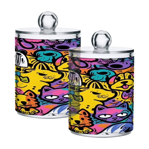 2 Pack Cat and Dog Graffiti Qtip Holder Dispenser Clear Plastic Storage Apothecary Jars for Cotton Swabs Balls Pads Floss