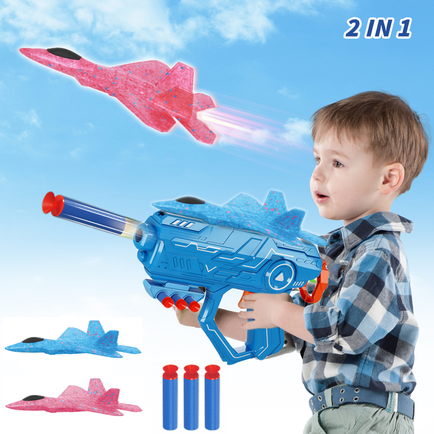 2 Pack Catapult Airplane Launcher Toys, JIFON 2 Flight Mode Airplanes Guns Outdoor Flying Toys