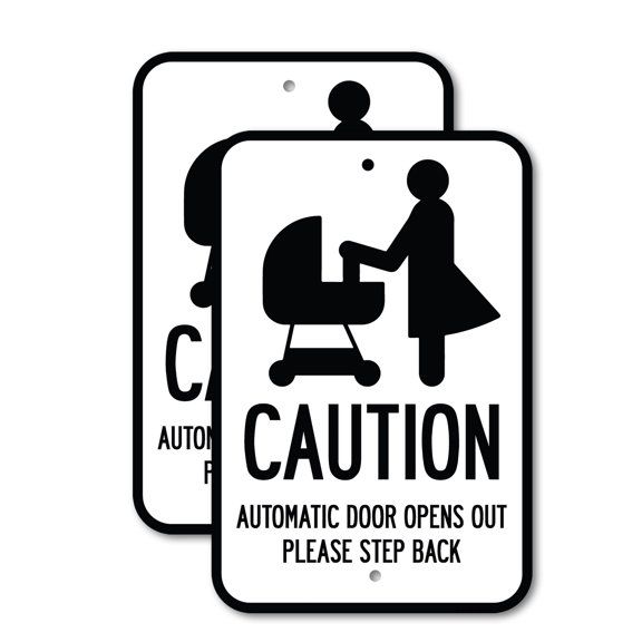 (2 Pack) Caution - Automatic Door Opens Out Please Step Back with Graphic | 12" X 18" Heavy-Gauge Aluminum Sign | Rust Free Aluminum, Weather Resistant, Waterproof, Fade Resistant, 2