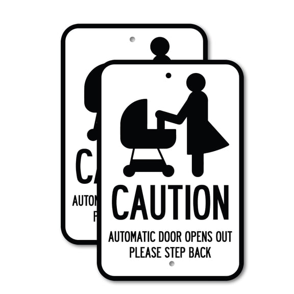 (2 Pack) Caution - Automatic Door Opens Out Please Step Back with Graphic | 18" X 24" Heavy-Gauge Aluminum Sign | Rust Free Aluminum, Weather Resistant, Waterproof, Fade Resistant, 2