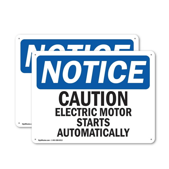 (2 Pack) Caution Electric Motor Starts Automatically OSHA Notice Sign 14 Inch X 10 Inch Indoor / Outdoor Rust-Free Aluminum Metal Signs for Workplace, Workshop, and Construction Site,