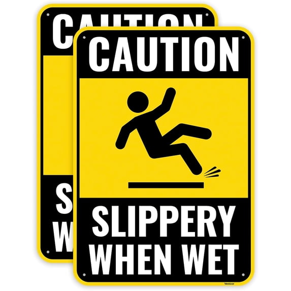 2 Pack Caution Slippery When Wet Sign, 12 x 8 Inches - Aluminum/Without a frame