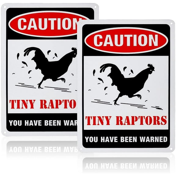2 Pack Caution Tiny Raptors Sign Aluminum Chicken Coop Signs for Farm Kitchen Rooster Hen House Decor Beware of Chicken Signs for Chicken Lady Lovers 7x10inches Waterproof Fade Resistance