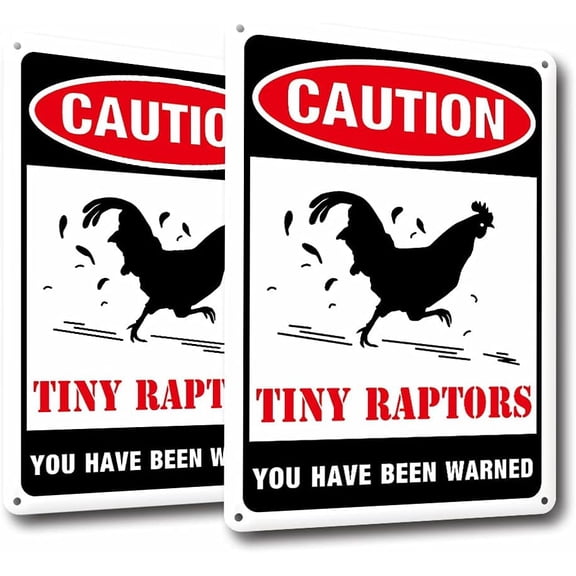 2 Pack Caution Tiny Raptors Sign PVC Funny Chicken Coop Signs for Farm Kitchen Rooster Hen House Decoration Indoor or Outdoor Use 7x10 inches Waterproof