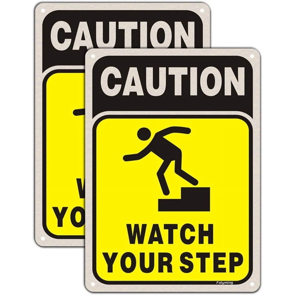 2 Pack Caution Watch Your Step Sign Safety Sign 10 x 7 Inches Security Warning Signs for Stairs Metal Reflective Sturdy Rust Aluminum Waterproof Easy to Install