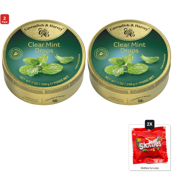2 Pack | Cavendish & Harvey, Clear Mint Drops, 7 oz Tin, with 2 Skittles Fun Size
