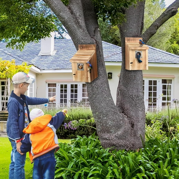 2-Pack Cedar Bluebird Houses with Metal Predator Guard, Easy Installation and Cleaning