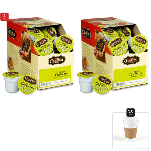 2 Pack | Celestial Seasonings Decaf Green Tea, K-Cup Portion Pack For Keurig K-Cup Brewers, 24-Count & 3x 12oz Disposable Coffee Cup with Lid & Sleeve