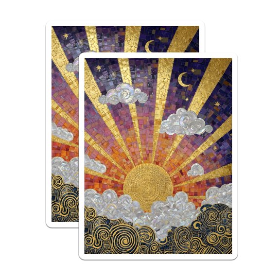 (2 Pack) Celestial Sun And Moon Mosaic Magnets - Boho Sunset Refrigerator Decor - Faux Gold Art Deco Sky - 5 Inches On Longest Side - Thick Durable Magnet - Made in USA