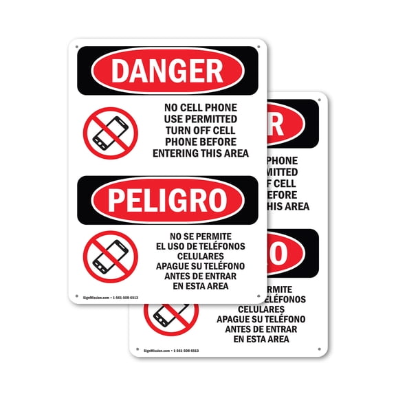 (2 Pack) No Cell Phone Use In Area Bilingual OSHA Danger Sign 10 Inch X 14 Inch Indoor / Outdoor Rust-Free Aluminum Metal Signs for Workplace, Workshop, and Construction Site, Made in
