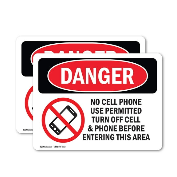 (2 Pack) No Cell Phone Use In Area OSHA Danger Sign 10 Inch X 7 Inch Vinyl Label Decal Sticker Weather Resistant, UV Protected for Workplace, Business, and Construction Site, Made in