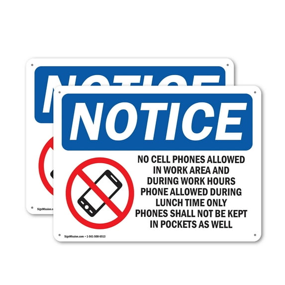 (2 Pack) No Cell Phones Allowed In Work OSHA Notice Sign 18 Inch X 12 Inch Indoor / Outdoor Rust-Free Aluminum Metal Signs for Workplace, Workshop, and Construction Site, Made in the