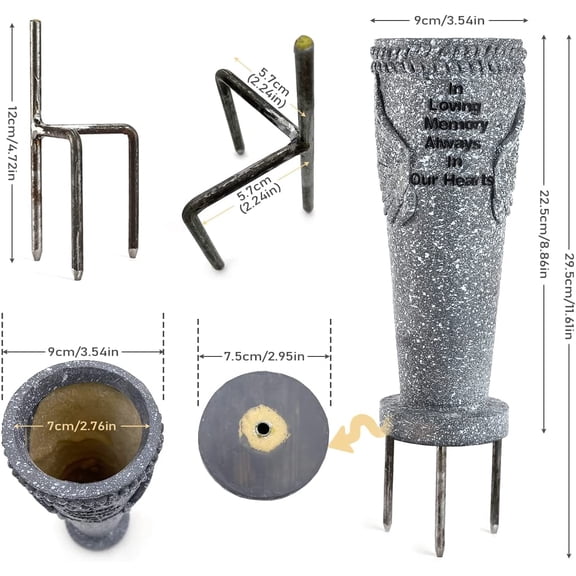 2 Pack Cemetery Grave Flower Vase with Angel Wings & Ground Spikes, Grey Resin Memorial Vases for Fresh/Artificial Flowers,  Gravestone Decorations