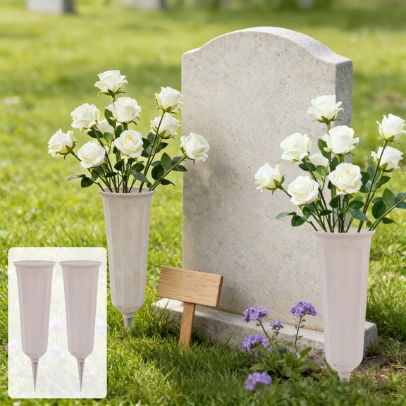 2-Pack Cemetery Ground Vases with Stakes – Weather-Resistant Memorial Flower Vases (Beige/Black/Green)