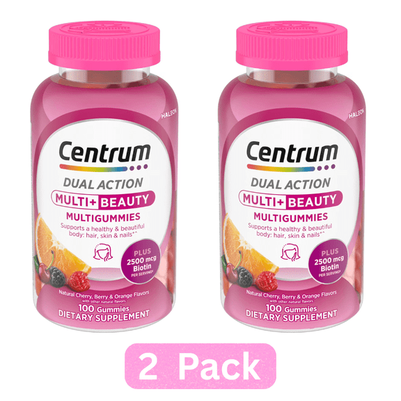 (2 Pack) Centrum Multi Plus Beauty Gummy Multivitamin for Women With Vitamin A, B, C, D & E, Fruit, 100 Count