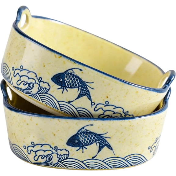 2 Pack Ceramic Baking Dish, 6.7-inch Vintage Fish Design Square Baking Dishs with Double Handle, Lasagna Baking Dish Set for Cooking, Cakes, Oven, Microwave