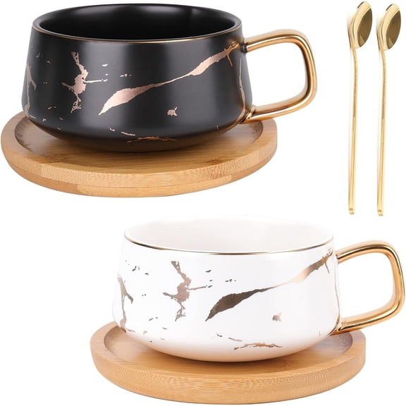2 Pack Ceramic  Coffee Cup, 10 OZ Coffee Mug with 304 Stainless Steel Spoon and  , Marble Espresso Cups for Latte, Cappuccino, , White and Black