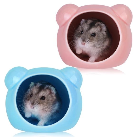2-Pack Ceramic Cooling Hideout – Red & Blue Houses for Hamsters, Gerbils & Mice