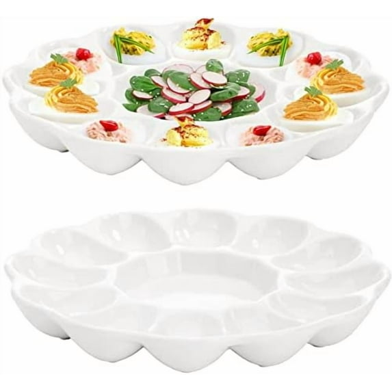 2-Pack Ceramic Deviled Egg Platter Tray, 12-Cup Egg Dish, Refrigerator to Countertop Display, Dishwasher, Microwave, Freezer Safe$$Home Decor, Kitchen, & Other