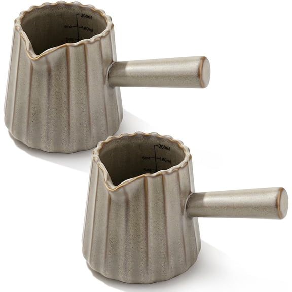 2 Pack Ceramic Espresso Cups, 6oz (200ml) Dark Brown Espresso Shot Glasses, V-Shaped Spout Ribbed Milk Frothing Cups, Measuring Cup for Coffee, Latte, Cappuccino, - Dishwasher Safe