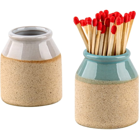 2 Pack Ceramic Match Holder with Striker Base Small Toothpick Qtip Jar Set