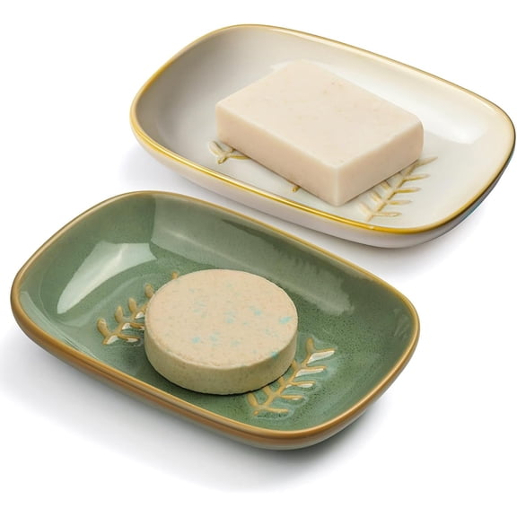 2-Pack Ceramic Soap Dish for Shower, Bar Soap Holder, Sponge, Bathroom Kitchen Sink, Easy Clean, Beige Blue-Green