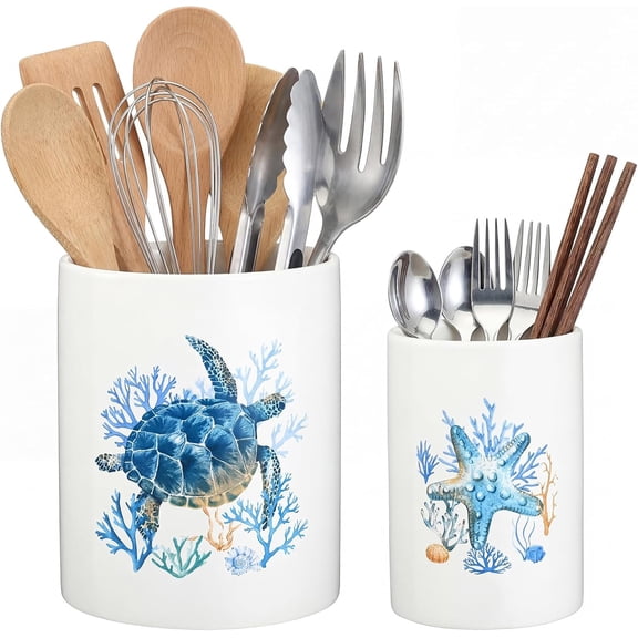 2 Pack Ceramic Utensil Holder 6.3" + 5.1" Ocean Theme Coastal Kitchen Crocks for Countertop Storage, Sea Turtle & Starfish Design, Decorative Utensil Organizer for Beach House Decor