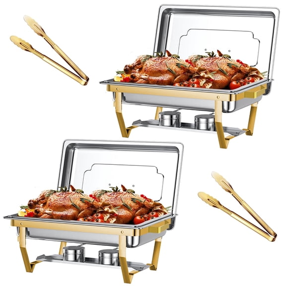 2 Pack Chafing Dish Buffet Set, 9QT Rectangular Semi-Gold-Plated Stainless Steel Chafing Dish Set, Buffet Warmer for Hotel Catering, Parties, Weddings, Gold