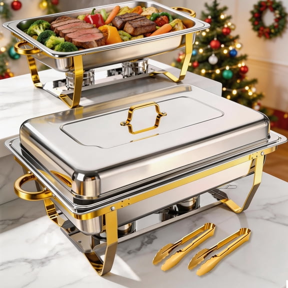 2 Pack Chafing Dish Buffet Set, 9QT Rectangular Semi-Gold-Plated Stainless Steel Chafing Dish Set, Buffet Warmer for Hotel Catering, Parties, Weddings, Gold