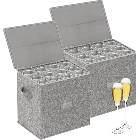 2-Pack Champagne Flute Storage Container, Hard Shell Wine Glass Storage Box with Dividers & Handles, Stackable Stemware Storage Containers for 24 Champagne, Stemware, Crystal Glassware 11.4'' Tall