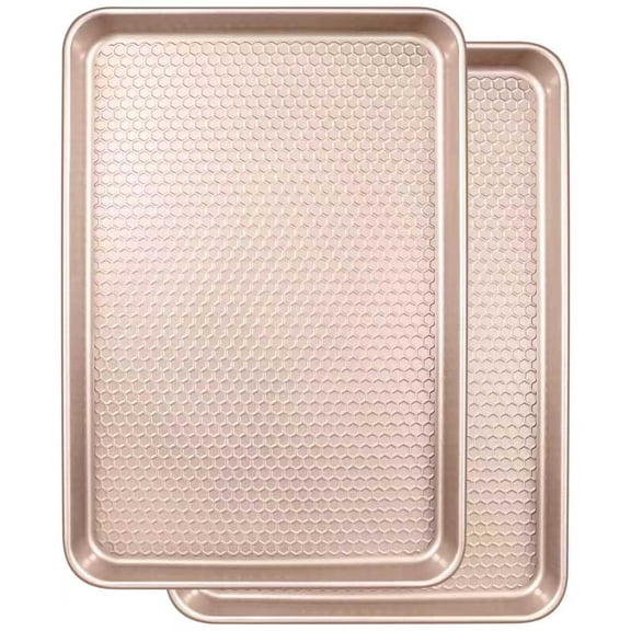 2 Pack Champagne Gold Honeycomb Embossed Nonstick, 15x10 In, Thicker Carbon Steel Baking Sheet Pan Set Even Heating