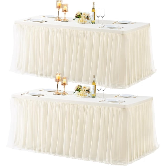 2 Pack Champagne Table Cloth for 6 Foot Rectangle Tables, Stretch Fitted Tulle Table Covers Skirt, Rectangular Ruffle Tutu Tablecloth Wedding Banquet Baby Shower Cake Tablecloths Decorations