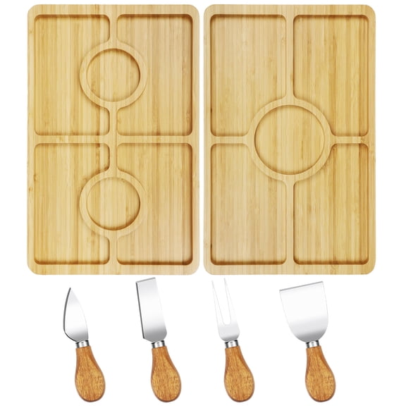 2 Pack Charcuterie boards,Bamboo Cheese Board set with 4 pcs Knives, Cutting Boards for Kitchen,Wood Party Serving Trays and Platters