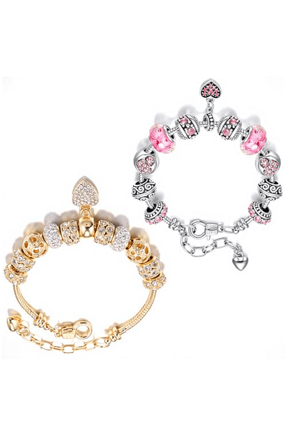 2 Pack Charm Bracelets Pink and Gold Heart Charm Bracelet, DIY Jewelry for Women Gifts, with Beads, Crystal, Charms, Love and Adjustable Snake Chain