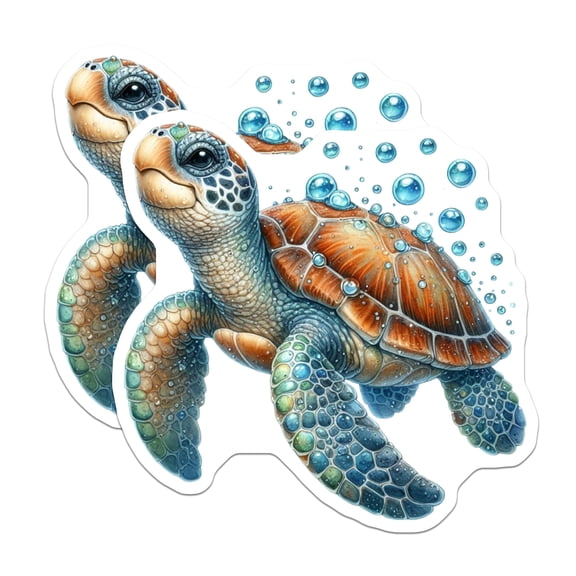 (2 Pack) Charming Sea Turtle Magnets - Aquatic Life Scene - Underwater Ocean Bubbles Art - Refrigerator Locker Home Accent - 5 Inches On Longest Side - Thick Durable Magnet - Made in USA - MAG20351