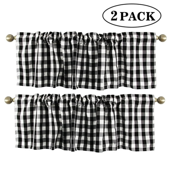 2 Pack Check Plaid Window Valances,Black and White Farmhouse Design Window Treatment Decor Curtains Rod Pocket Valances for Kitchen/Living Room,Kitchen Curtains and Valances Set 16" x 56"