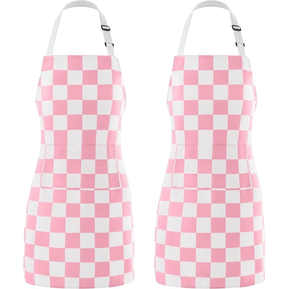 2 Pack Checkered Kitchen Apron, Pink Checkerboard Aprons for Women with Pockets Cute Aesthetic Trendy, Chef Apron for Men, Waterproof Aprons for Cooking