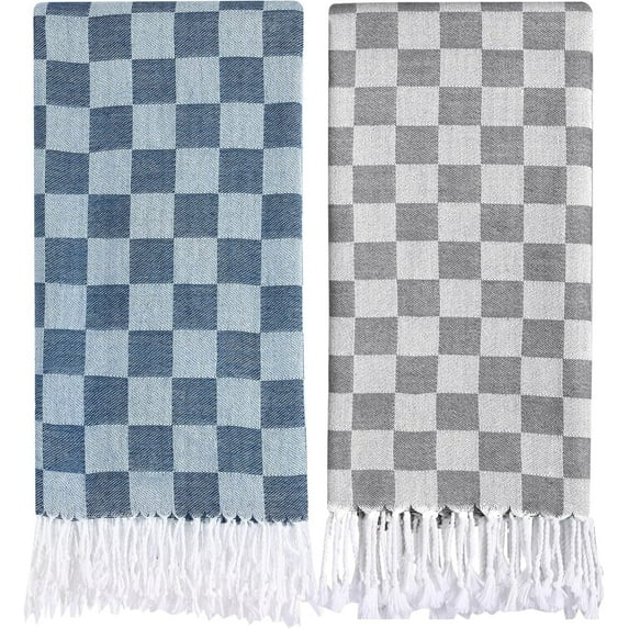 2 Pack Checkered Plaid Turkish Beach Towel Oversized Cotton Bath Towels Sand Free Quick Dry Soft Absorbent Pool Swim Towel Adult Vacation Travel Essentials Cruise Accessories Must Haves Clearance
